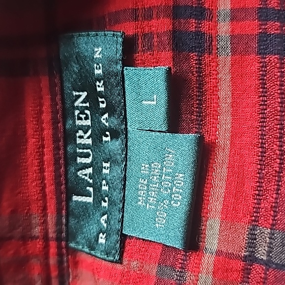 Lauren Ralph Lauren Red Plaid Button Down Cotton Blouse Epaulettes Large - Picture 9 of 10